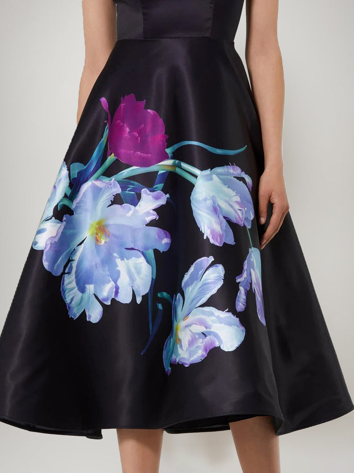 A-Line/Princess Boat Neck Cap Sleeves Tea-Length Printed Floral Pleated Mother of the Bride Dresses