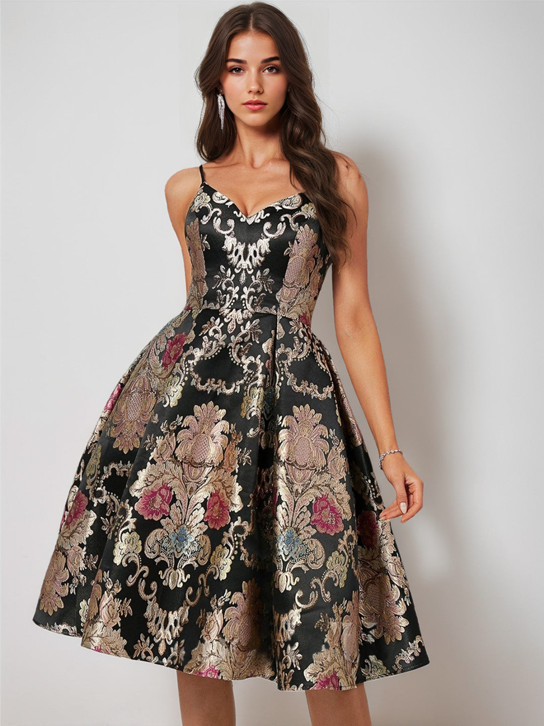 A-Line/Princess Spaghetti Straps Sleeveless Knee-Length Backless Printed Floral Pleated Mother of the Bride Dresses