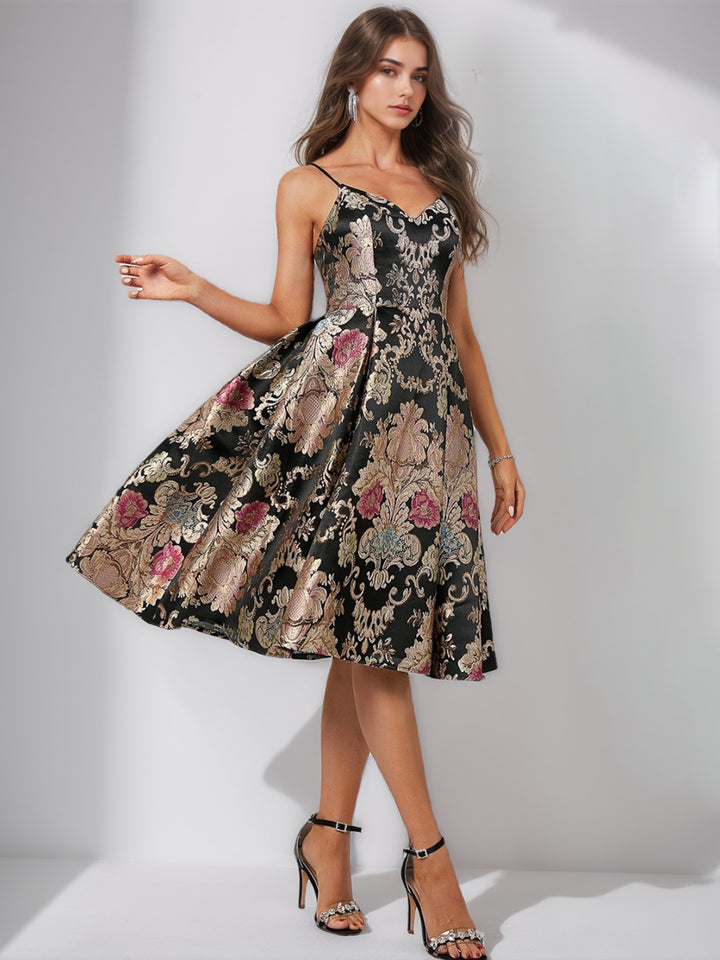 A-Line/Princess Spaghetti Straps Sleeveless Knee-Length Backless Printed Floral Pleated Mother of the Bride Dresses