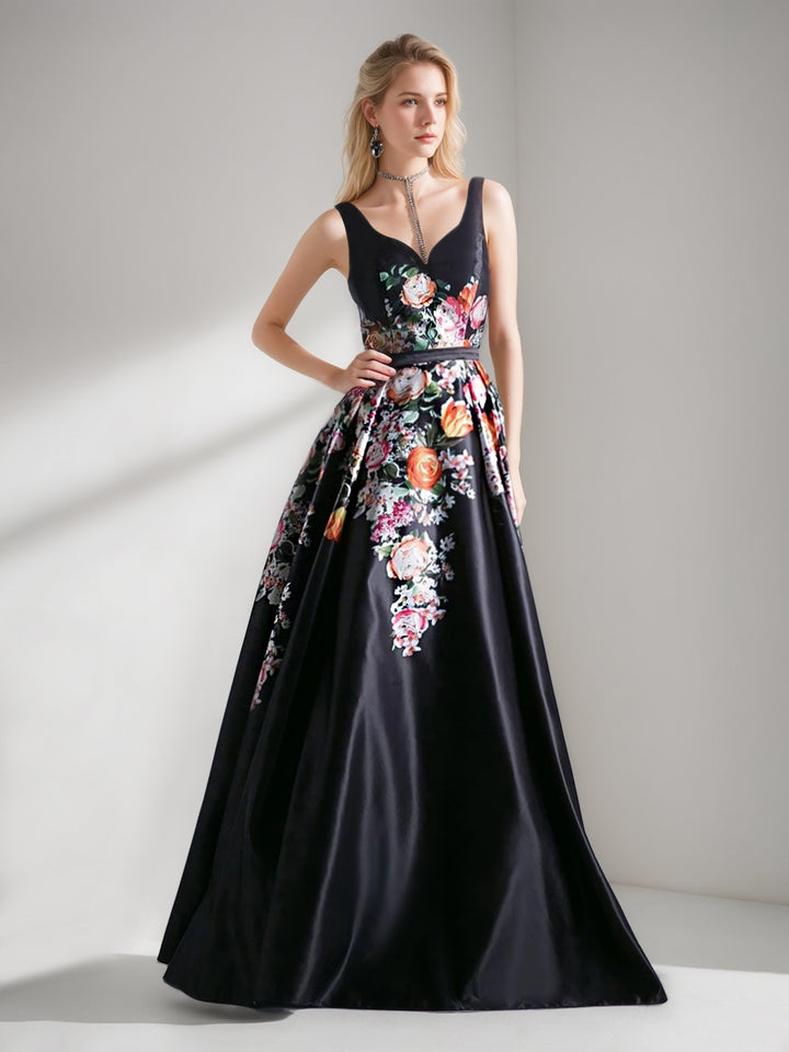 A-Line/Princess Sweetheart Sleeveless Floor-Length Printed Floral Pleated Mother of the Bride Dresses with Sash