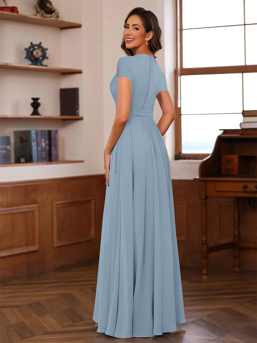 A-Line/Princess Plunge V-Neck Short Sleeves Floor-Length Pleated Mother of the Bride Dresses with Ruffles & Appliques