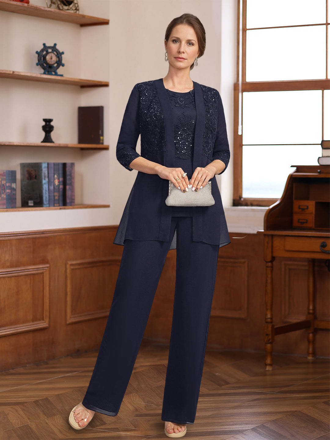 3 Pieces Scoop Half Sleeves Floor-Length Mother of the Bride Pantsuits with Appliques & Sequins & Jacket