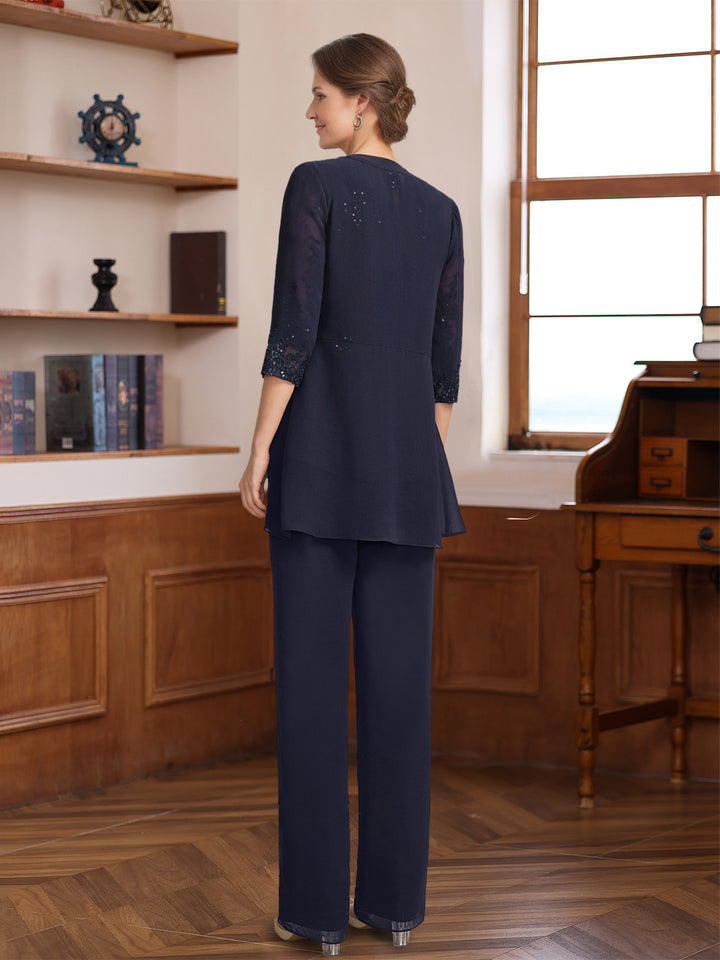 3 Pieces Scoop Half Sleeves Floor-Length Mother of the Bride Pantsuits with Appliques & Sequins & Jacket