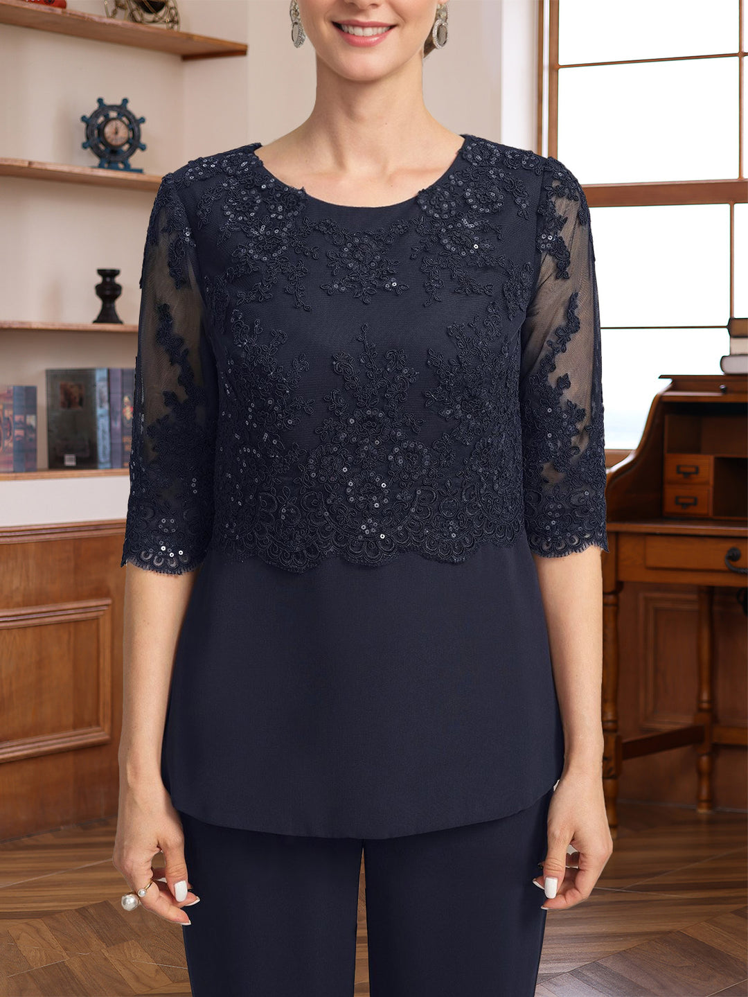 3 Pieces Scoop Half Sleeves Floor-Length Mother of the Bride Pantsuits with Appliques & Sequins & Jacket