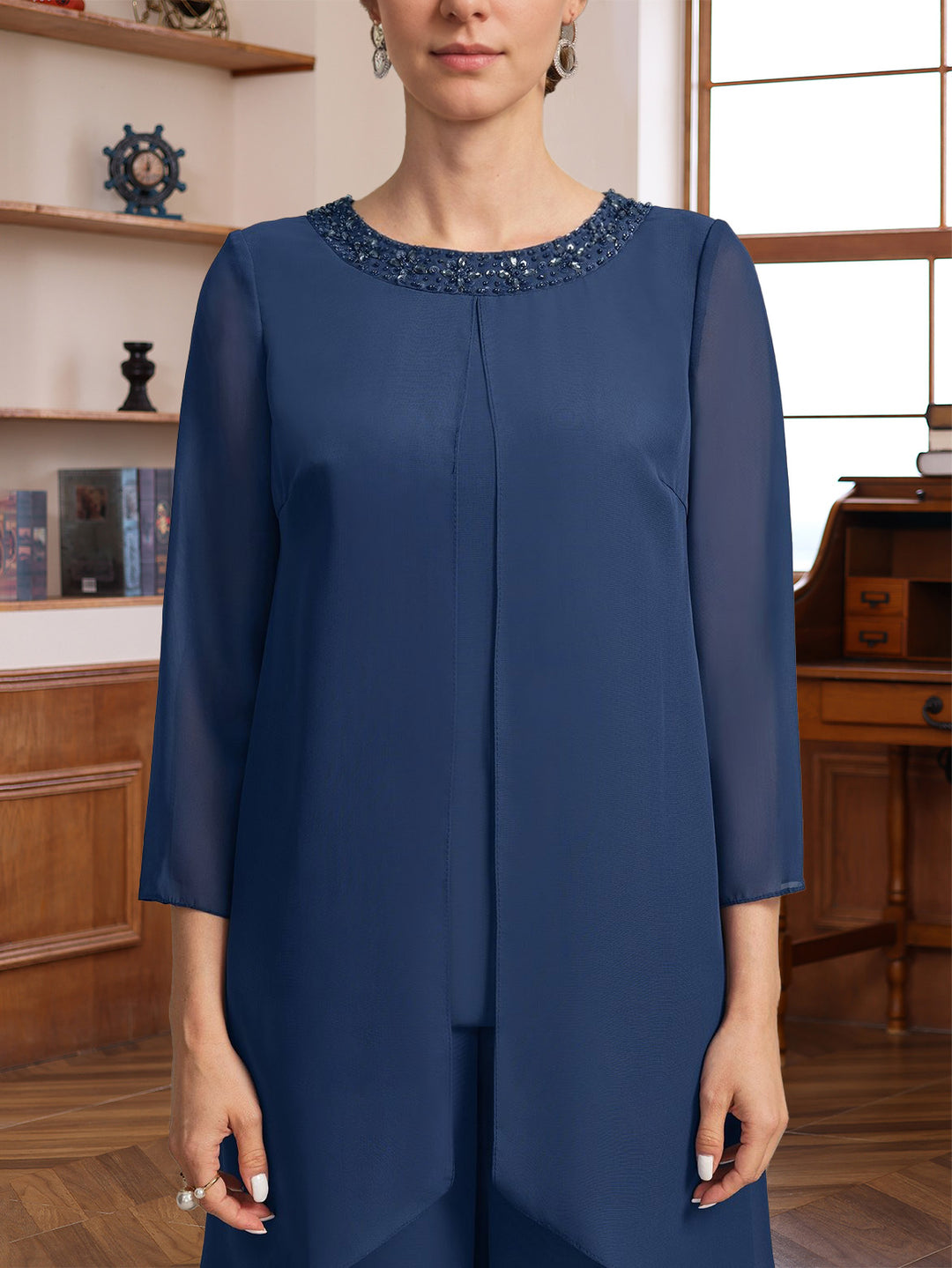 2 Pieces Scoop 3/4 Sleeves Floor-Length Mother of the Bride Pantsuits with Sequins & Beads