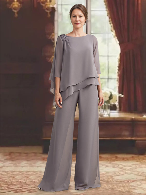 2 Pieces Scoop 3/4 Sleeves Floor-Length Mother of the Bride Pantsuits with Jewel Appliques