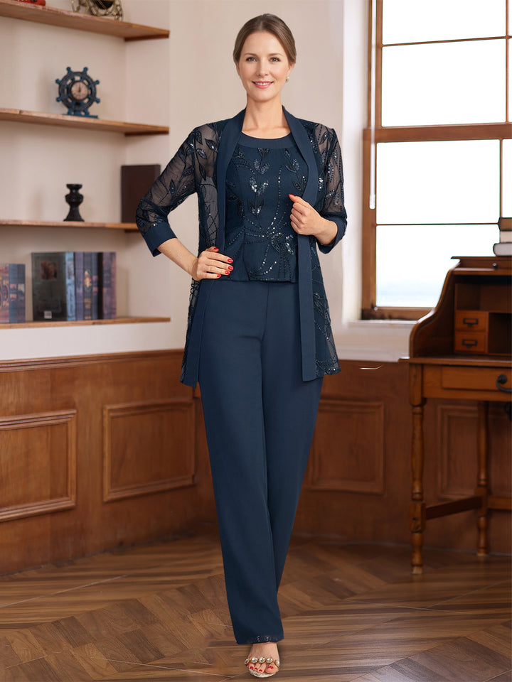 3 Pieces Scoop Sleeveless Floor-Length Mother of the Bride Pantsuits with Appliques & Sequins & Jacket