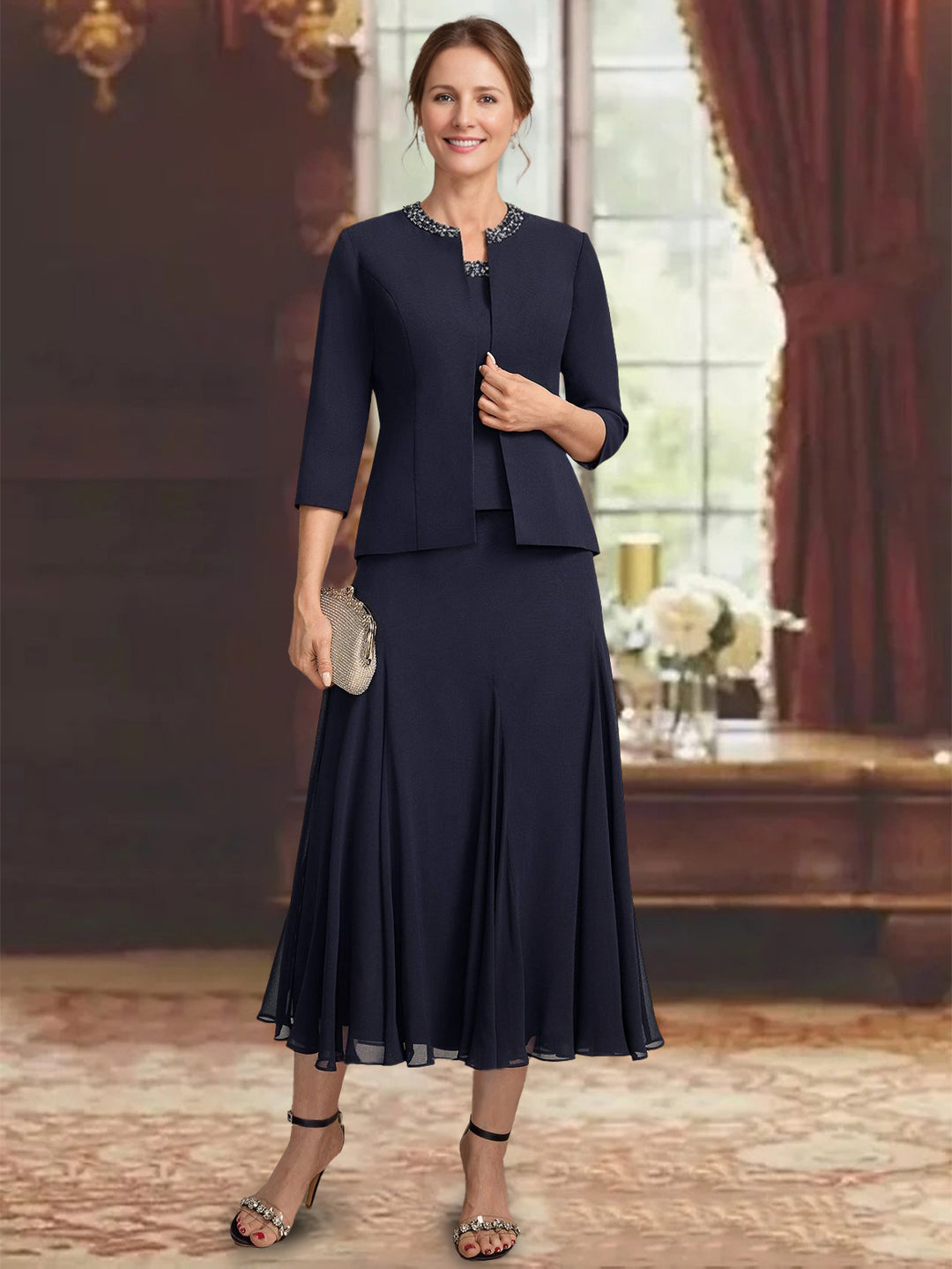 3 Pieces A-Line/Princess Scoop Sleeveless Tea-Length Pleated Mother of the Bride Dresses with Sequins & Beads