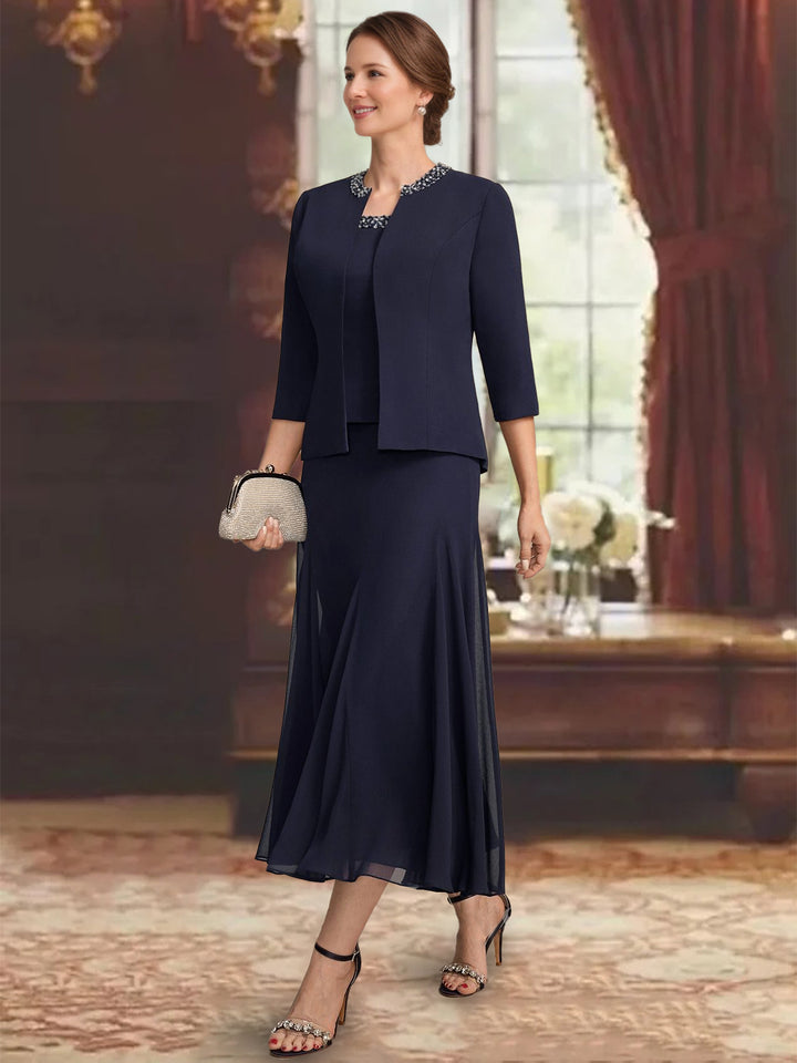 3 Pieces A-Line/Princess Scoop Sleeveless Tea-Length Pleated Mother of the Bride Dresses with Sequins & Beads