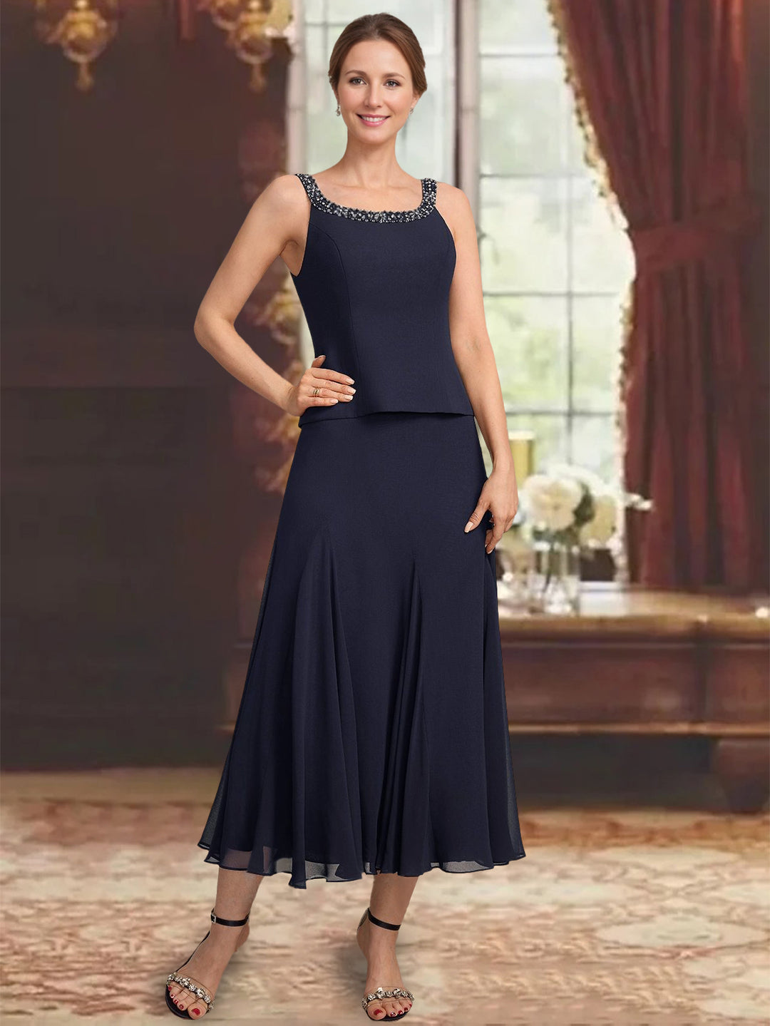 3 Pieces A-Line/Princess Scoop Sleeveless Tea-Length Pleated Mother of the Bride Dresses with Sequins & Beads