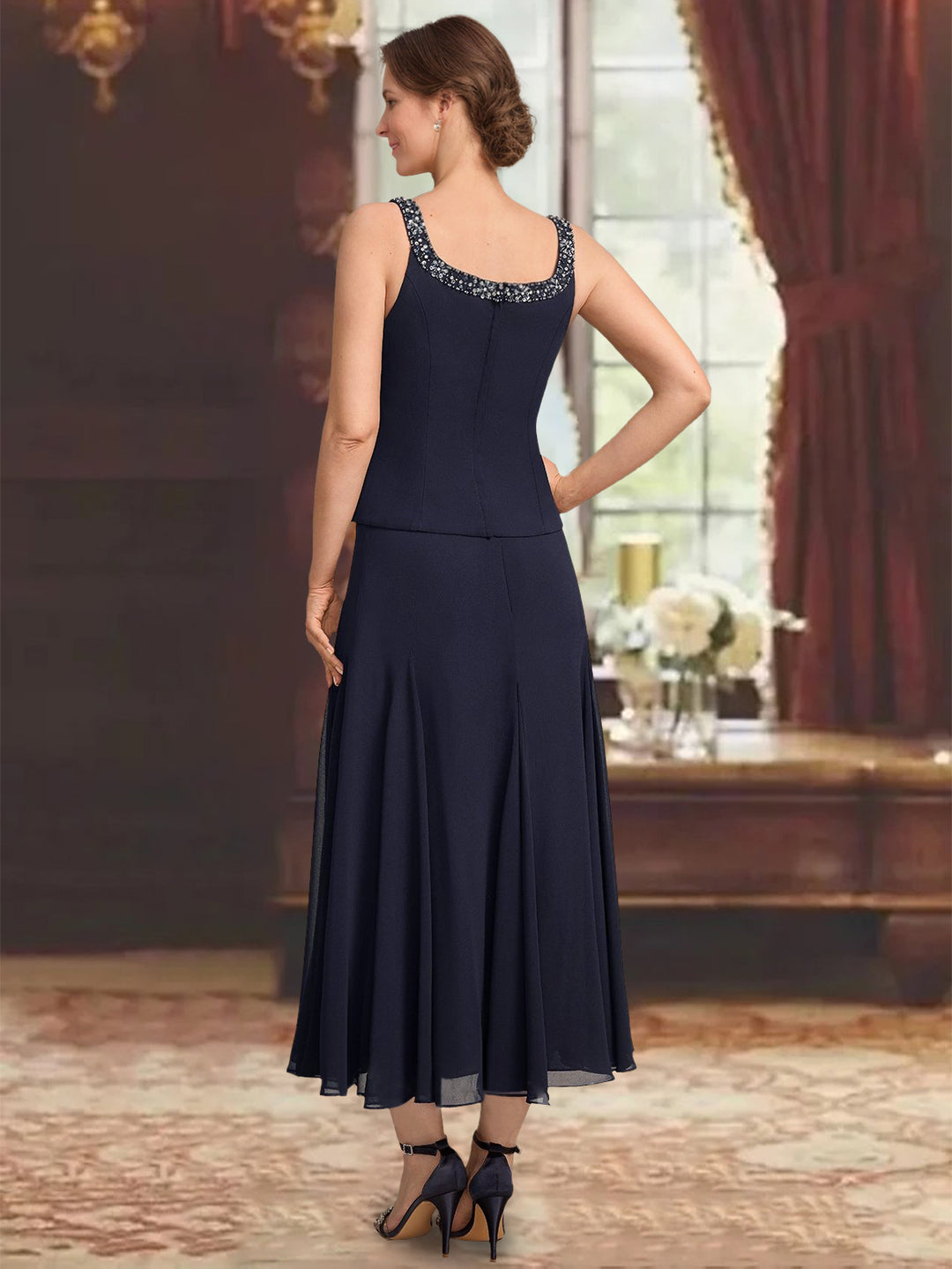 3 Pieces A-Line/Princess Scoop Sleeveless Tea-Length Pleated Mother of the Bride Dresses with Sequins & Beads