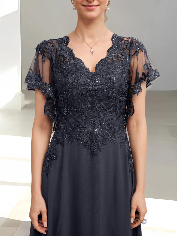 A-Line/Princess V-Neck Short Sleeves Floor-Length Mother of the Bride Dresses with Appliques & Sequins
