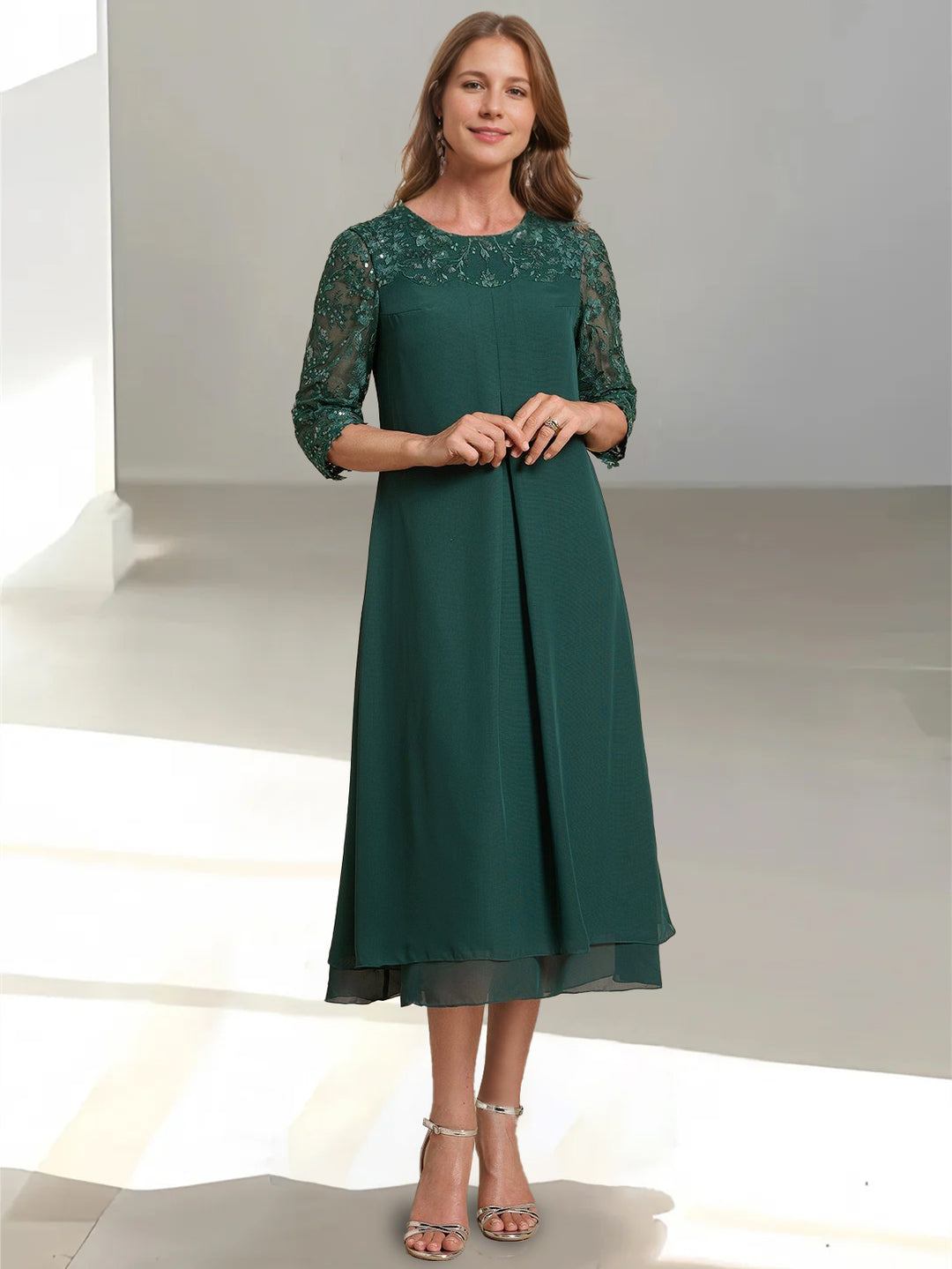 A-Line/Princess Scoop 3/4 Sleeves Tea-Length Mother of the Bride Dresses with Appliques & Sequins