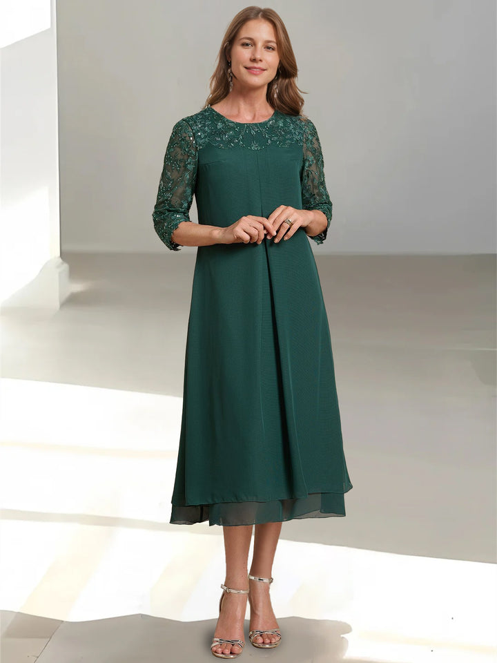 A-Line/Princess Scoop 3/4 Sleeves Tea-Length Mother of the Bride Dresses with Appliques & Sequins