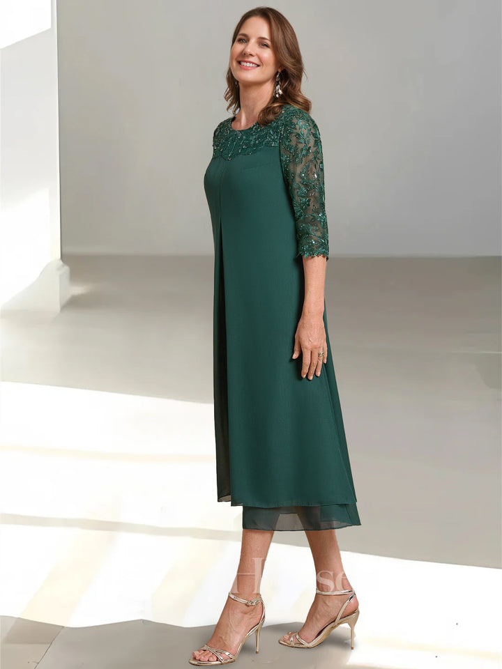 A-Line/Princess Scoop 3/4 Sleeves Tea-Length Mother of the Bride Dresses with Appliques & Sequins