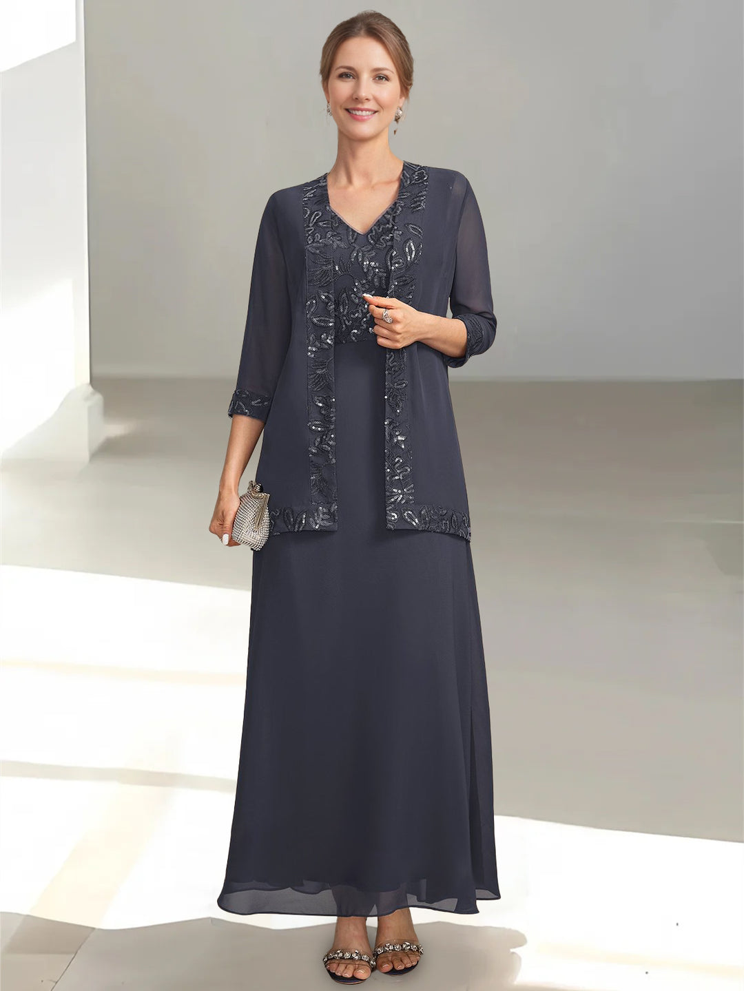 2 Pieces A-Line/Princess V-Neck Sleeveless Ankle-Length Mother of the Bride Dresses with Appliques & Sequins & Jacket