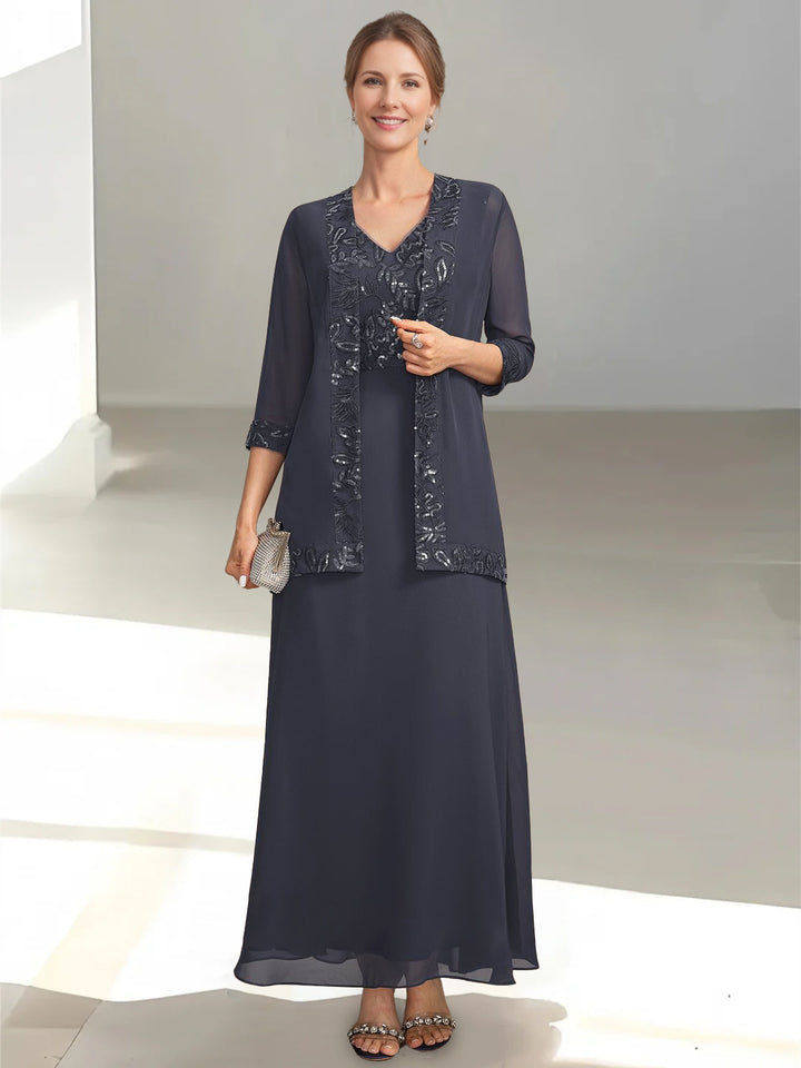 2 Pieces A-Line/Princess V-Neck Sleeveless Ankle-Length Mother of the Bride Dresses with Appliques & Sequins & Jacket