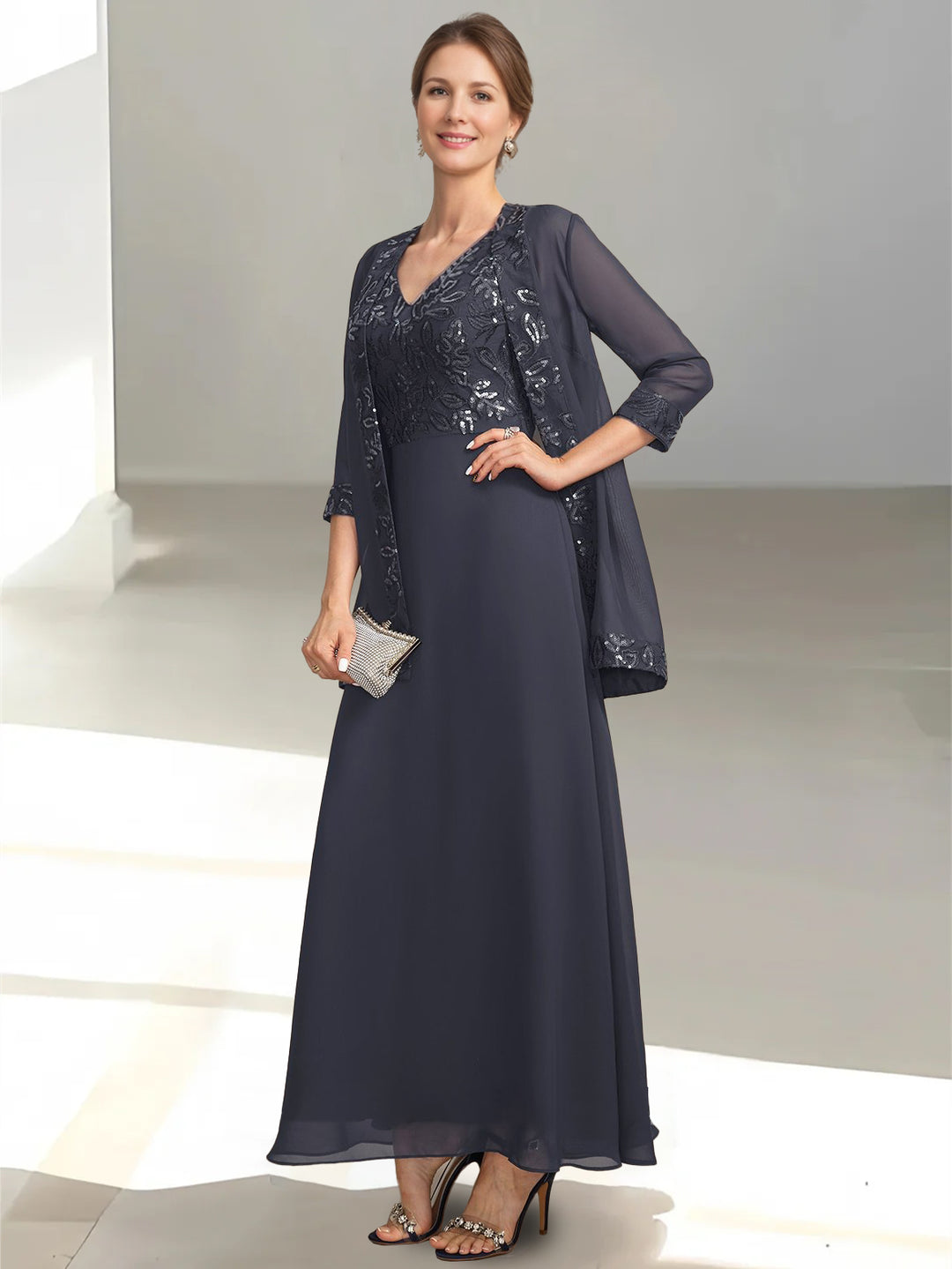 2 Pieces A-Line/Princess V-Neck Sleeveless Ankle-Length Mother of the Bride Dresses with Appliques & Sequins & Jacket
