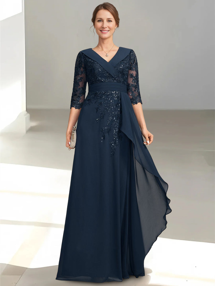 Prom Dresses Winter Navy Blue Dress Navy Blue A-Line V-Neck 3/4 Lace Sleeves Prom Dresses Winter Navy Blue Dress Navy Blue A-Line V-Neck 3/4 Lace Sleeves