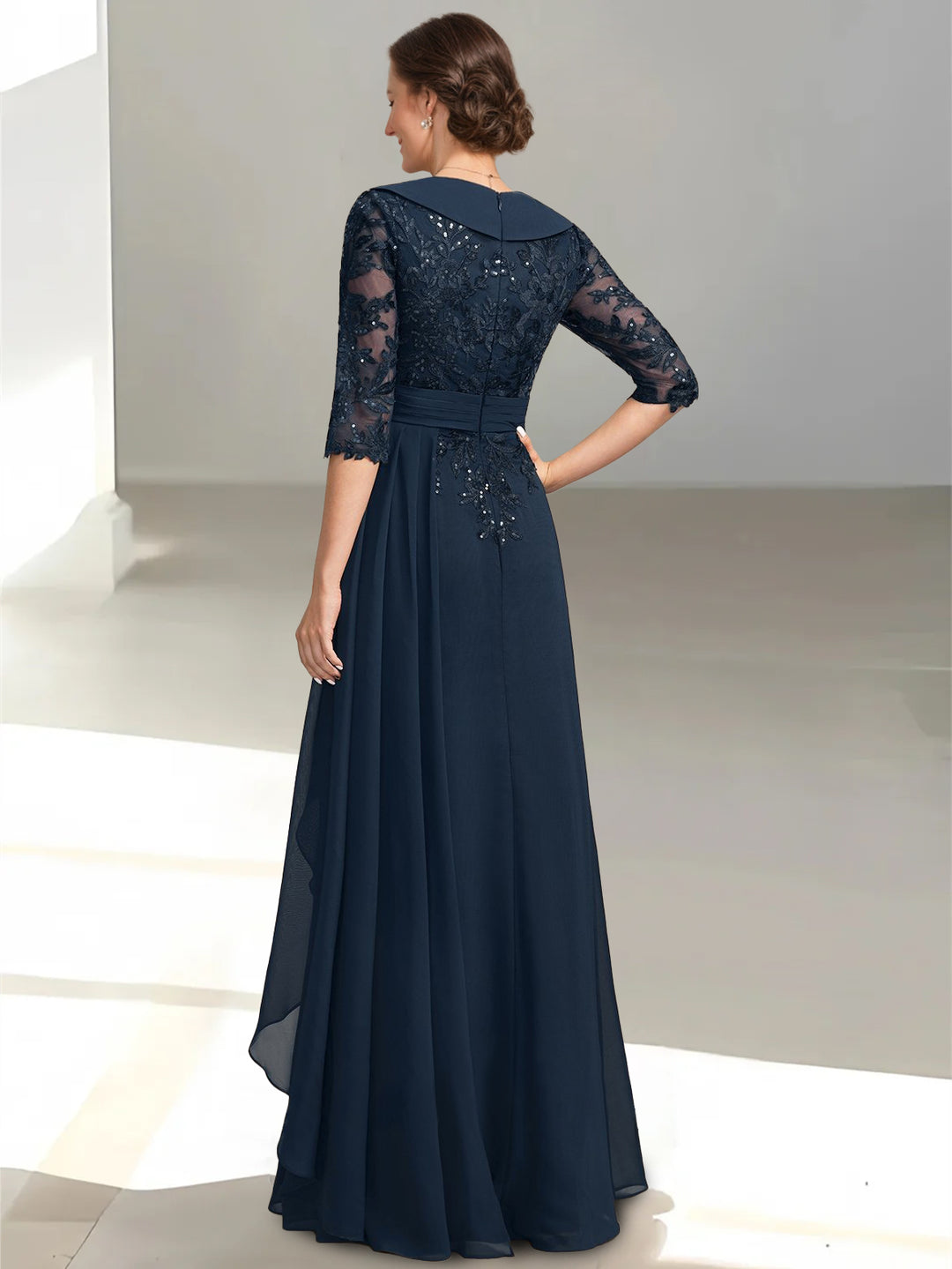 Navy Blue Mother of the Groom Dresses for Women A-Line V-Neck Formal Dress Half Sleeves Floor-Length Wedding Guest Gowns, Dark Navy
