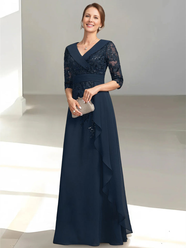 A-Line/Princess V-Neck Half Sleeves Floor-Length Mother of the Bride Dresses with Appliques & Sequins & Ruffles