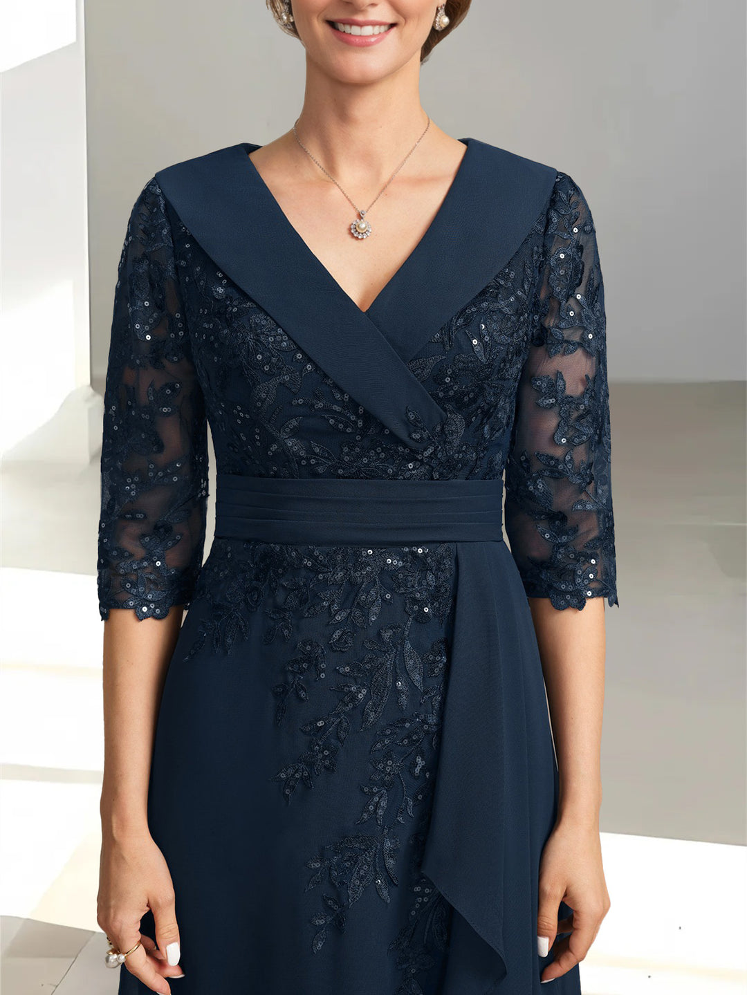 A-Line/Princess V-Neck Half Sleeves Floor-Length Mother of the Bride Dresses with Appliques & Sequins & Ruffles