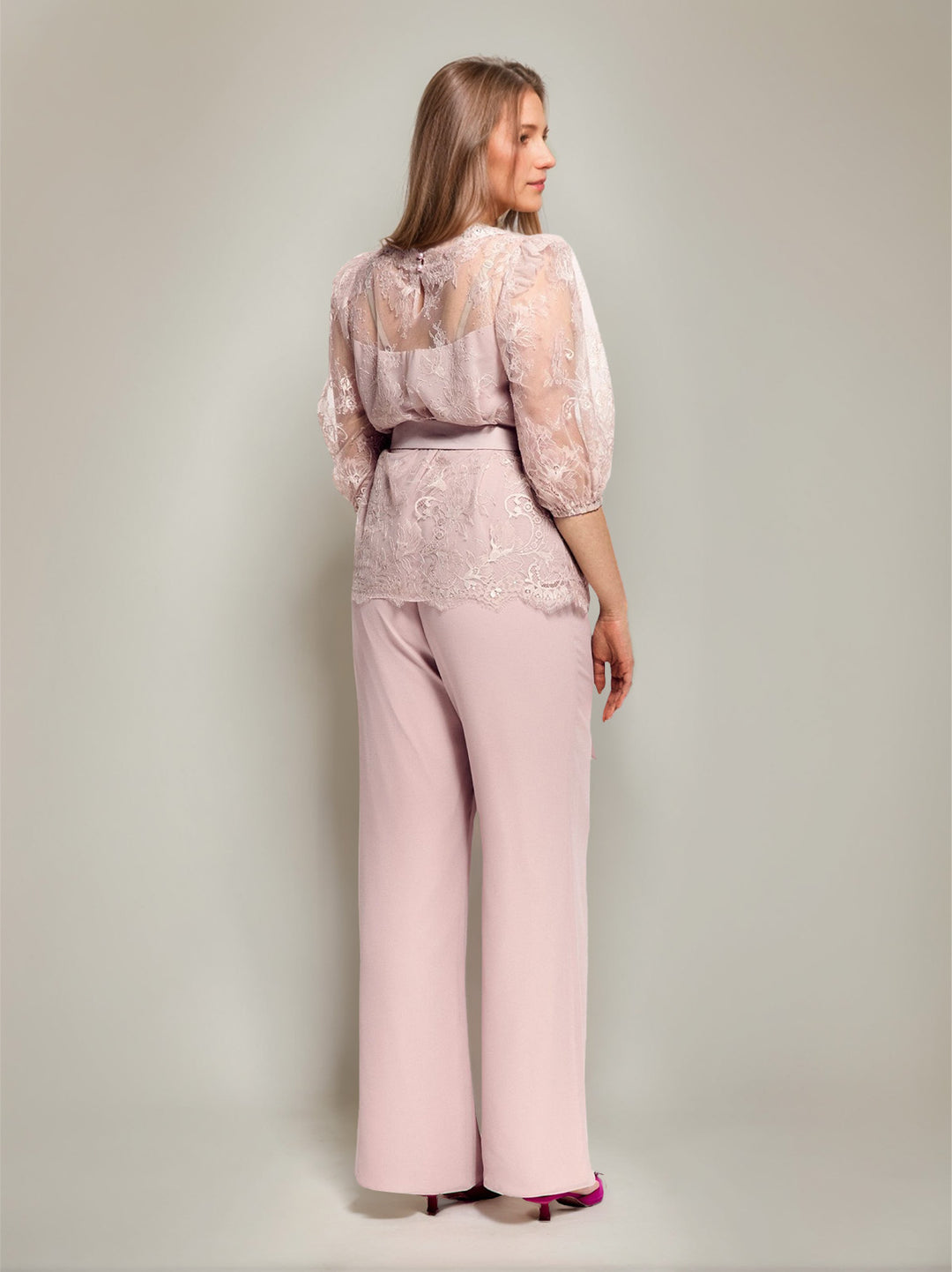 2 Pieces Round Neck Plus Size Half Sleeves Mother of the Bride Paintsuits with Lace & Sash