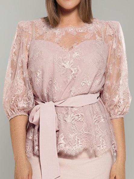 2 Pieces Round Neck Plus Size Half Sleeves Pencil Skirt Mother of the Bride Dresses with Lace & Sash