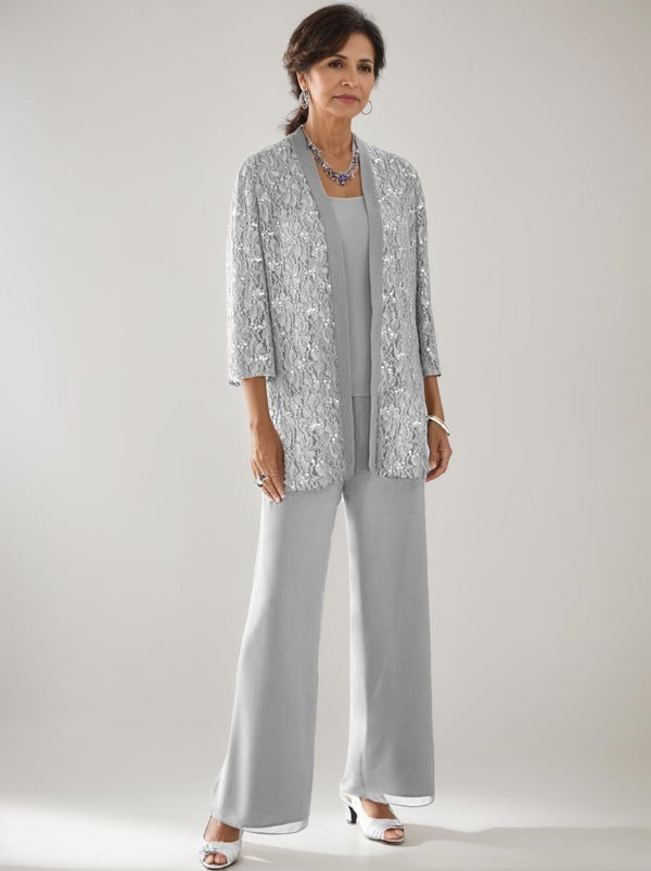 3 Pieces Scoop Neck 3/4 Sleeves Ankle-Length Mother of the Bride Pantsuits with Lace & Sequins & Jacket for Old Ladies