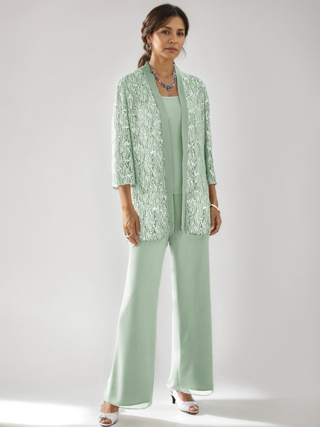 3 Pieces Scoop Neck 3/4 Sleeves Ankle-Length Mother of the Bride