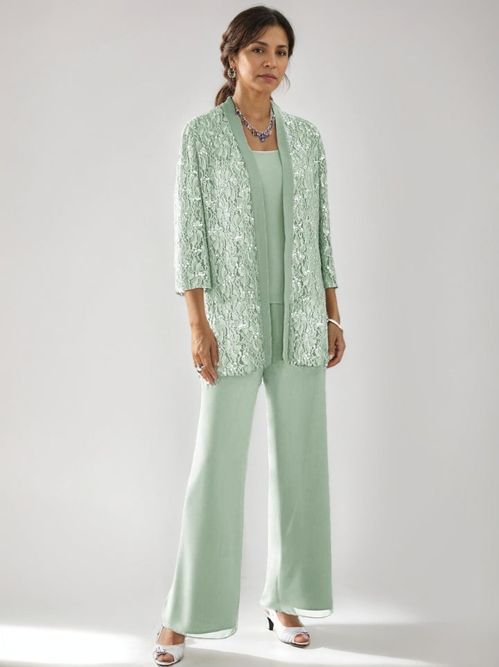 3 Pieces Scoop Neck 3/4 Sleeves Ankle-Length Mother of the Bride Pantsuits with Lace & Sequins & Jacket