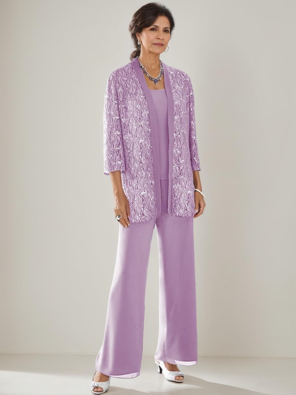 3 Pieces Scoop Neck 3/4 Sleeves Ankle-Length Mother of the Bride Pantsuits with Lace & Sequins & Jacket