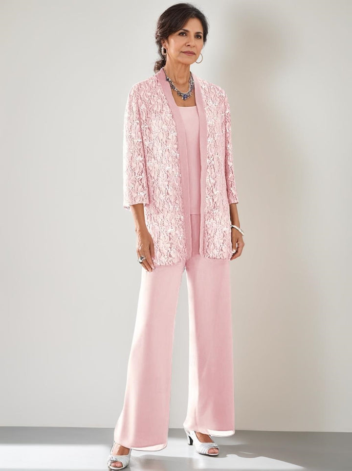 3 Pieces Scoop Neck 3/4 Sleeves Ankle-Length Mother of the Bride Pantsuits with Lace & Sequins & Jacket