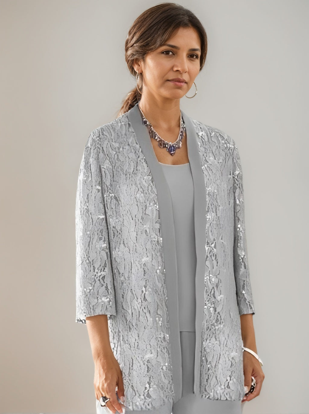 3 Pieces Scoop Neck 3/4 Sleeves Ankle-Length Mother of the Bride Pantsuits with Lace & Sequins & Jacket