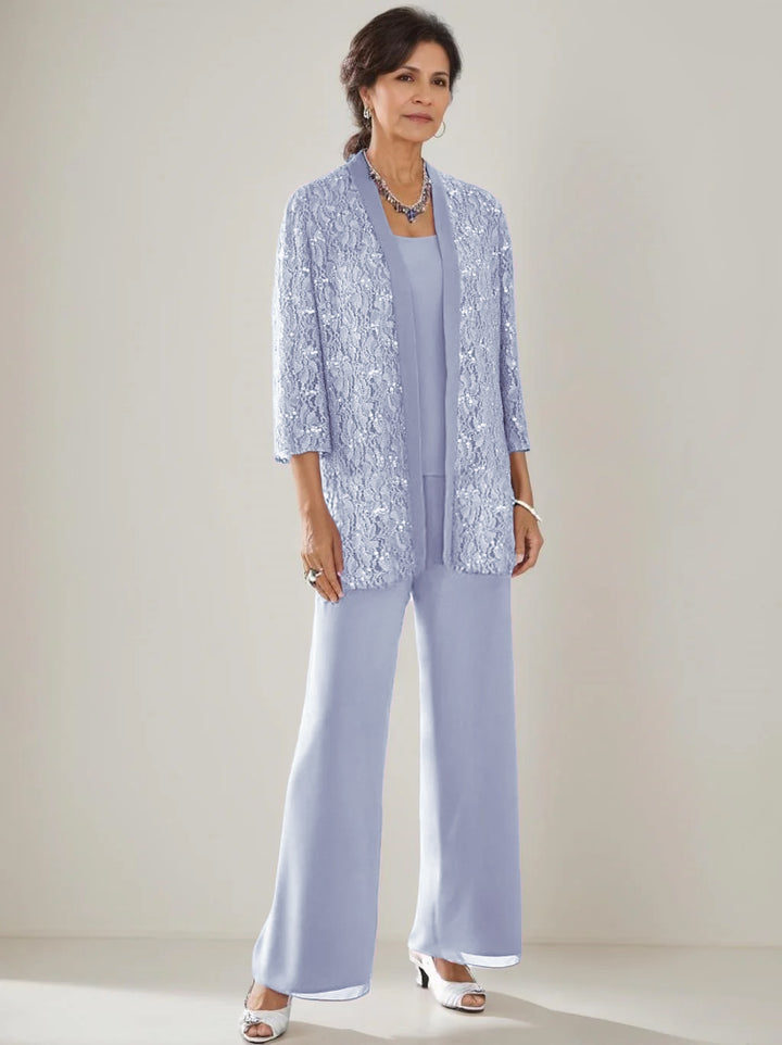 3 Pieces Scoop Neck 3/4 Sleeves Ankle-Length Mother of the Bride Pantsuits with Lace & Sequins & Jacket