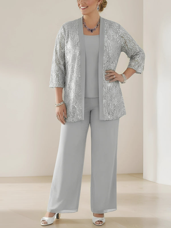 3 Pieces Scoop Neck 3/4 Sleeves Plus Size Mother of the Bride Pantsuits with Lace & Sequins & Jacket Ankle-Length