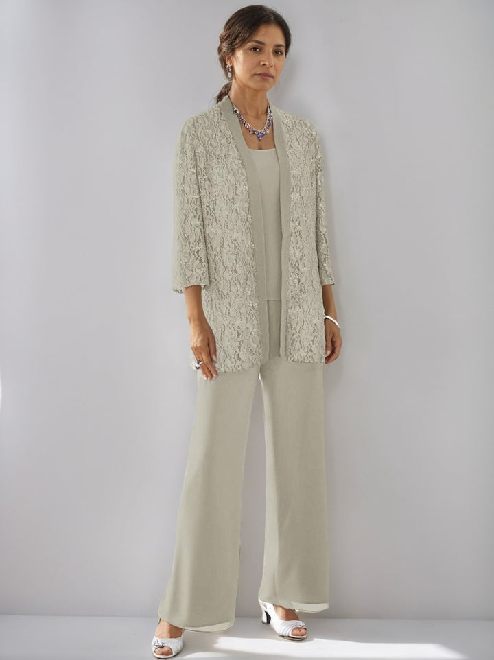 3 Pieces Scoop Neck 3/4 Sleeves Ankle-Length Mother of the Bride Pantsuits with Lace & Sequins & Jacket