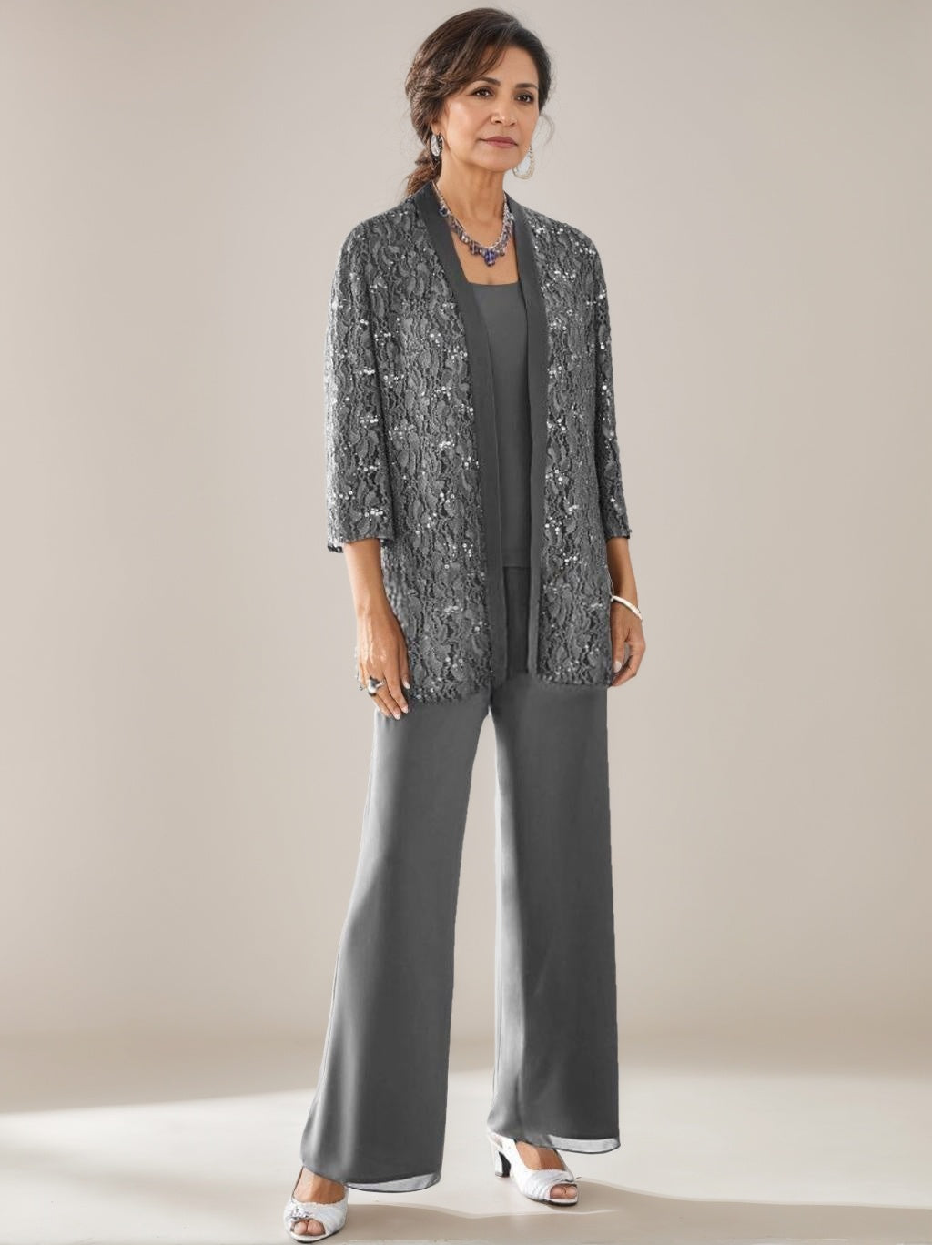 3 Pieces Scoop Neck 3/4 Sleeves Ankle-Length Mother of the Bride Pantsuits with Lace & Sequins & Jacket