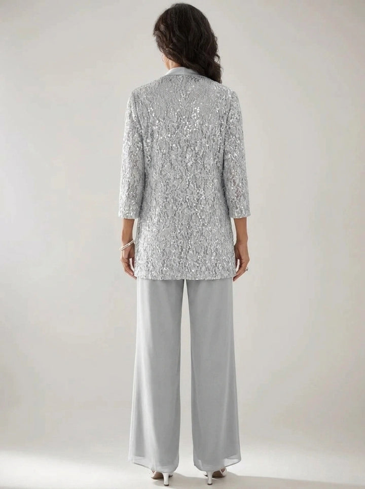 3 Pieces Scoop Neck 3/4 Sleeves Ankle-Length Mother of the Bride Pantsuits with Lace & Sequins & Jacket