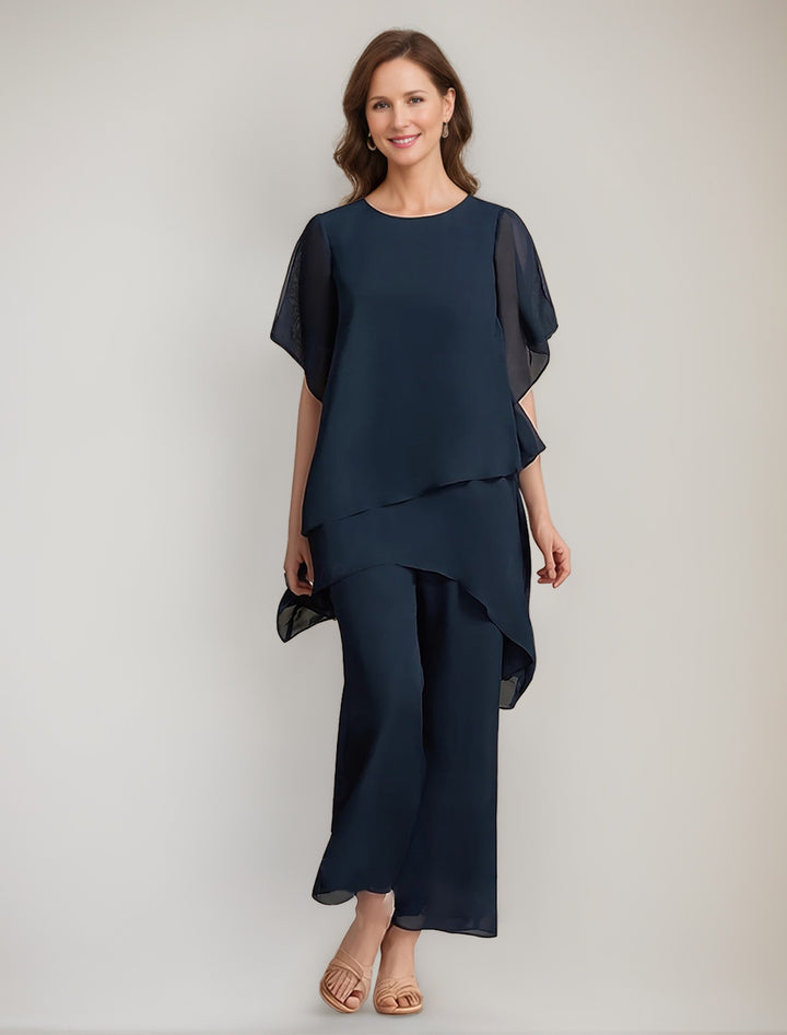 2 Pieces Scoop 1/2 Sleeves Ankle-Length Asymmetrical Mother Of The Bride Pantsuits With Button