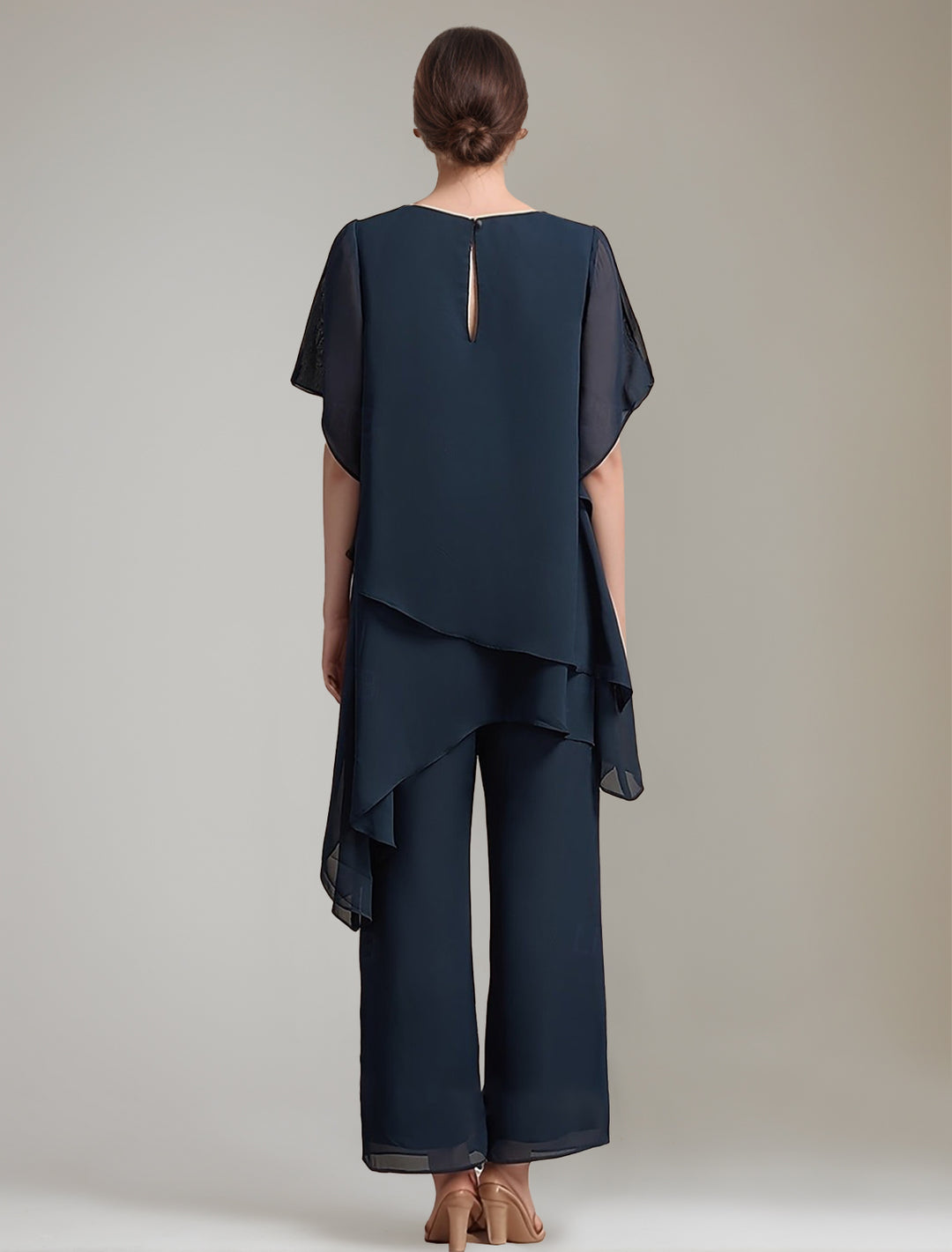 2 Pieces Scoop 1/2 Sleeves Ankle-Length Asymmetrical Mother Of The Bride Pantsuits With Button