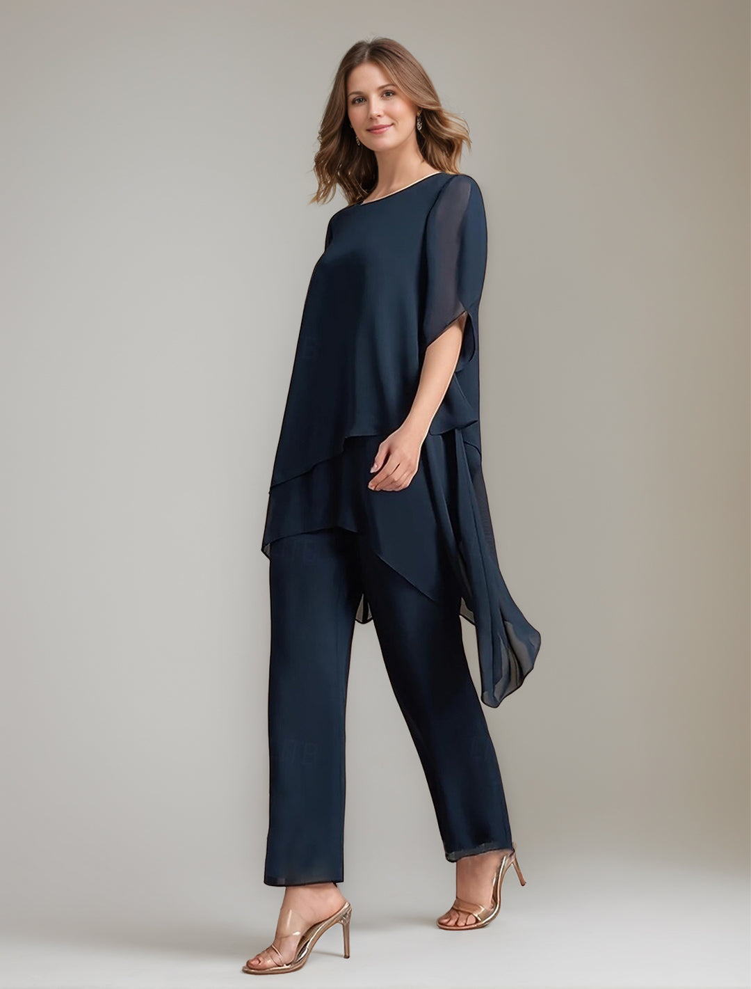 2 Pieces Scoop 1/2 Sleeves Ankle-Length Asymmetrical Mother Of The Bride Pantsuits With Button
