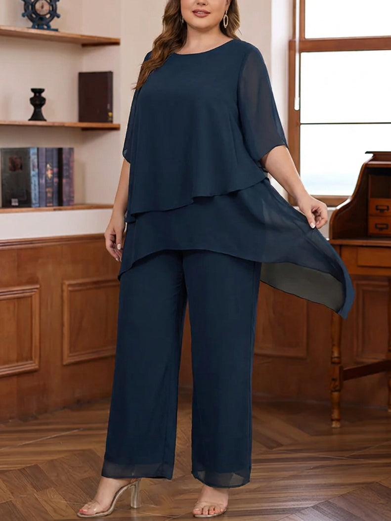2 Pieces Scoop Chiffon Plus Size Mother of the Bride Pantsuits Ankle-Length Half Sleeves