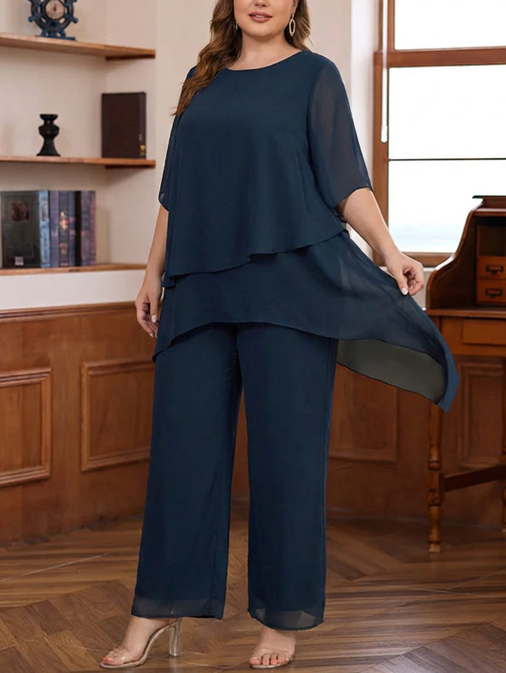 2 Pieces Scoop Chiffon Plus Size Mother of the Bride Pantsuits Ankle-Length Half Sleeves