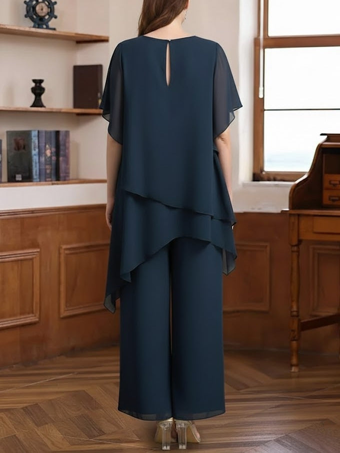 2 Pieces Scoop Chiffon Plus Size Mother of the Bride Pantsuits Ankle-Length Half Sleeves