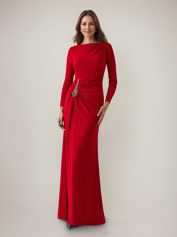 Sheath/Column Scoop Mother Of The Bride Dresses Long Sleeves  Floor-Length Stretch Satin Wedding Guest with Rhinestones Buckle