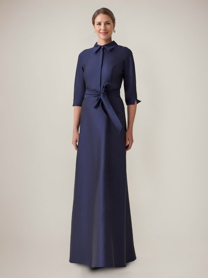 A-Line Shirt Collar Mother of the Bride Dresses Satin Long Sleeves Floor-Length Wedding Guest with Knot Bow