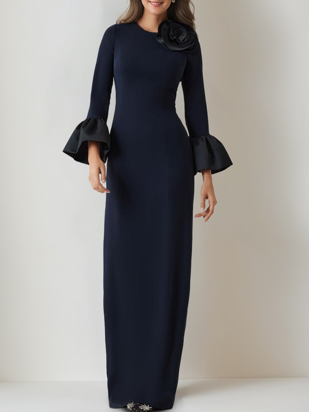 Sheath Mother of The Bride Dresses Navy Blue 2026 Long Sleeves Formal Evening Maxi Gowns Floor-Length Wedding Guest Party Dress with Taffeta Flower,