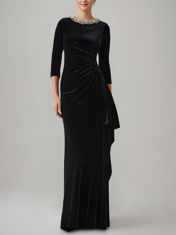 Sheath/Column Jewel Neck Velvet Mother of the Bride Dresses 3/4 Sleeves Floor-Length Ruched