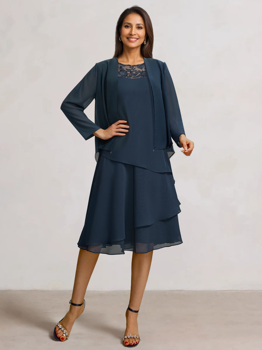 2 Pieces A-Line Scoop Chiffon Mother of the Bride Dresses Sleeveless Knee-Length with Ruffles